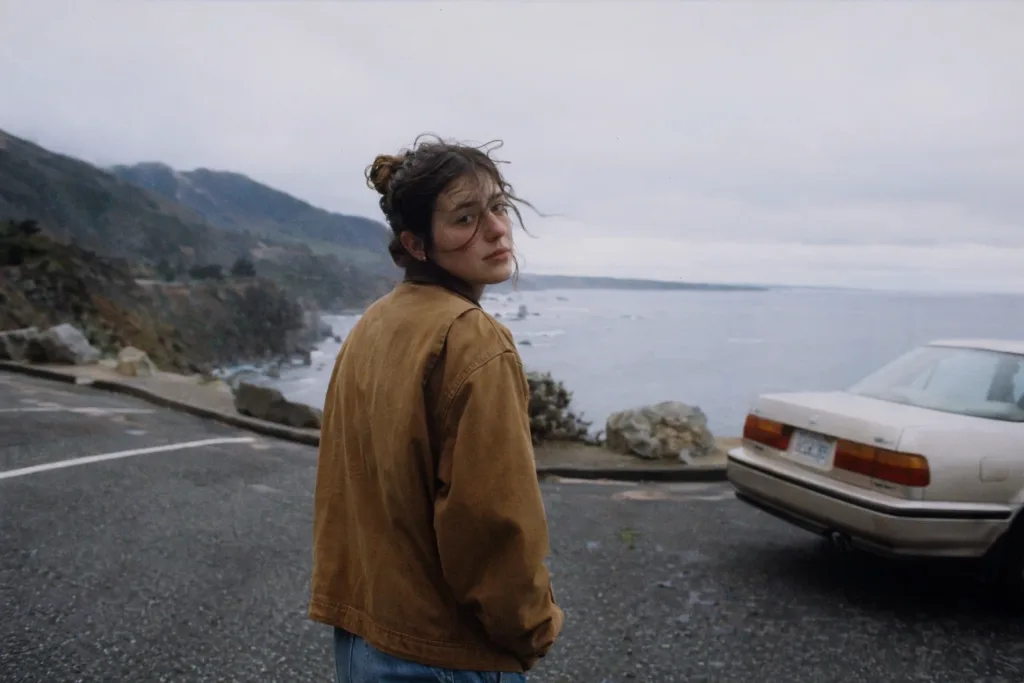 A person in a brown jacket looking back toward the camera beside misty coastal cliffs