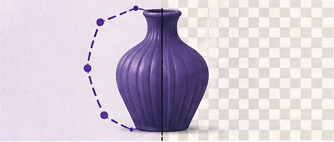 A purple vase isolated by a subject mask over a transparent checkerboard.