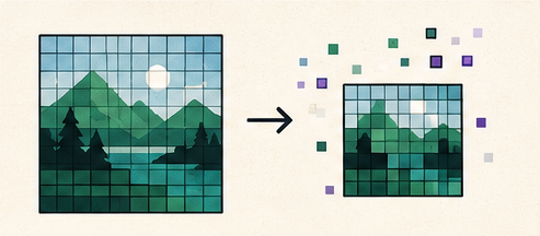 A detailed pixel grid condensing into a smaller image tile.