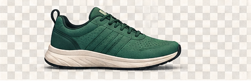 A green shoe cleanly cut out over a transparent checkerboard.