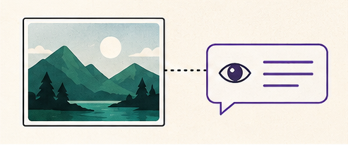 A landscape image connected to an accessibility description bubble.