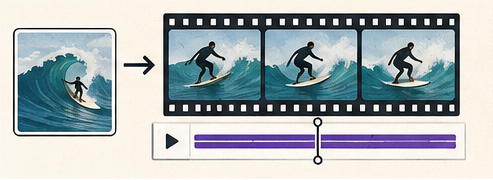 A still surfing image expanding into frames on a motion timeline.