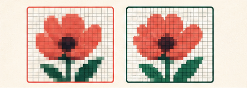 Two flower pixel grids showing softer lossy and precise lossless detail.