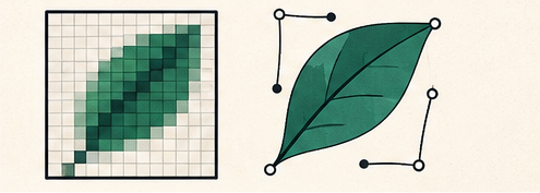 A pixelated leaf beside a smooth vector leaf with editable path nodes.
