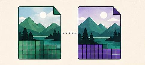 Two landscape image files compared with green and violet compression blocks.