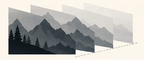 Mountain layers progressing through grayscale depth planes.