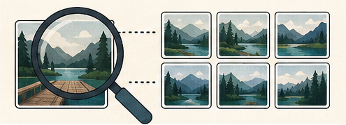 A landscape examined through a magnifying glass beside visual matches.